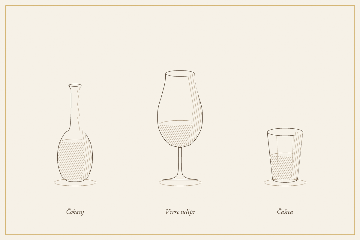 Trois verres : čokanj, verre tulipe, čašica